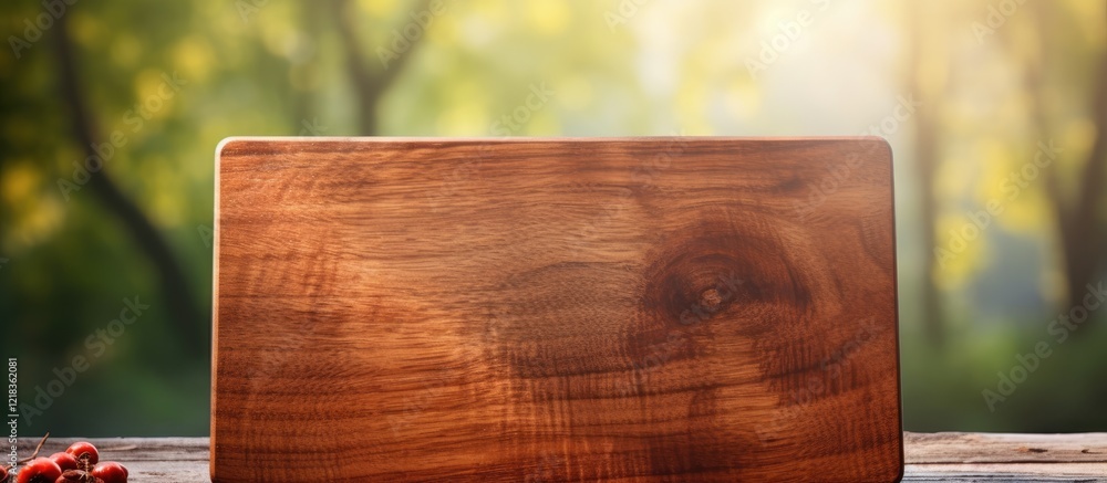 Aufkleber wooden cutting board centered on a rustic wooden surface with soft natural light creating a warm atm