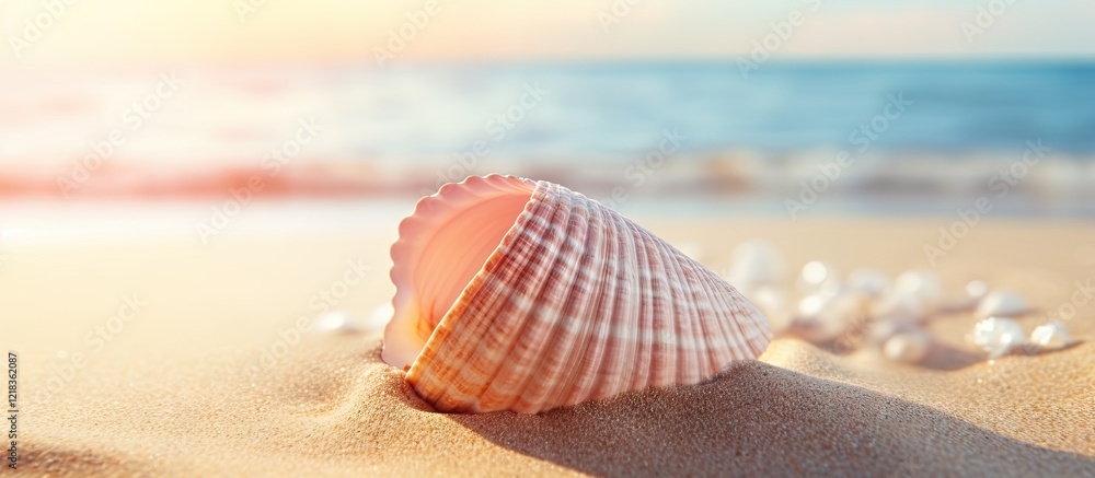 Poster Seashell on sandy beach illuminated by warm summer sunlight with soft ocean waves in the background creating a serene coastal scene