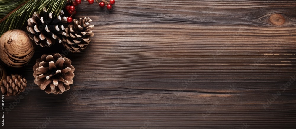 Poster Rustic wooden surface with scattered pine cones and red berries on the left side, creating a cozy winter atmosphere with ample copy space.
