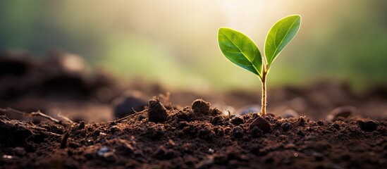 Fototapeta premium Fresh green seedling emerging from rich dark soil, softly illuminated by warm light, ideal for text overlays in serene nature backgrounds.