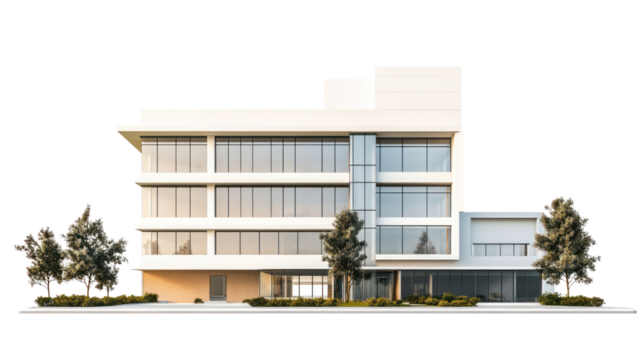 Modern building exterior with large glass windows and a minimalist design, surrounded by greenery on a clear day.
