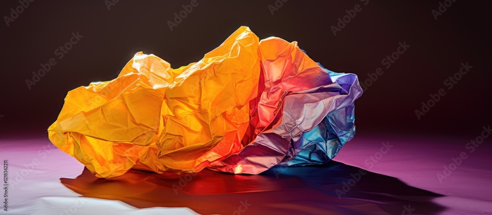 Poster crumpled paper in vibrant orange, pink, and blue resting on a smooth surface with soft shadows again