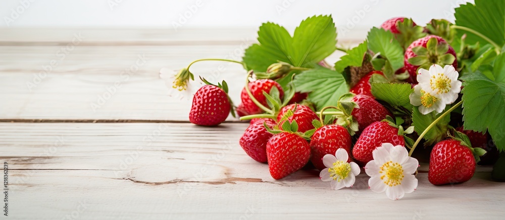 Poster fresh ripe strawberries with green leaves and white flowers scattered on a rustic wooden surface wit