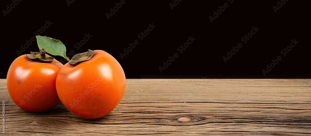 Poster close up of ripe orange persimmons with green leaves placed on a rustic wooden board against a dark 
