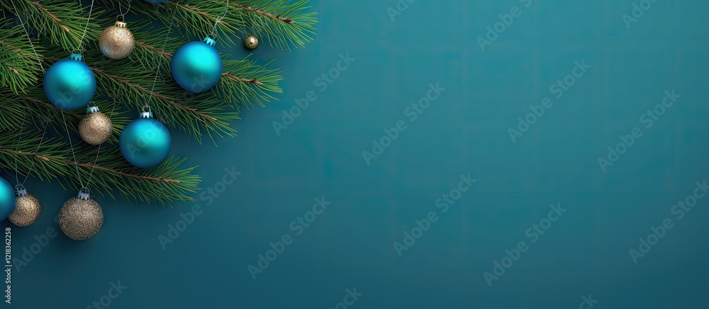 Poster Blue background with green fir branches adorned with blue and gold ornaments on the left side and ample copy space on the right side.