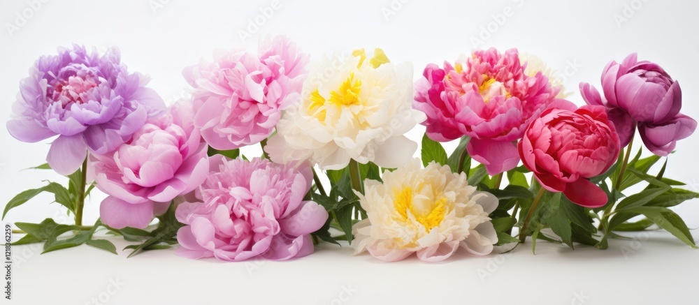 Poster close up of vibrant pink and white peony flowers arranged horizontally on a clean white background w