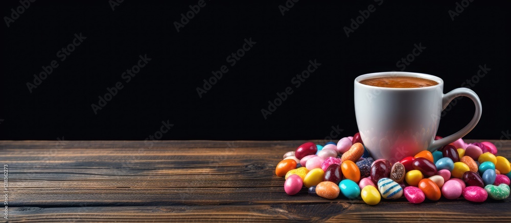 Poster colorful candies in vibrant hues surround a white coffee cup on a rustic dark wooden surface with em