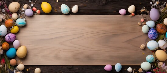 Festive top down view of a wooden table featuring vibrant Easter eggs in shades of blue, yellow, pink, and purple, creating ample copy space.