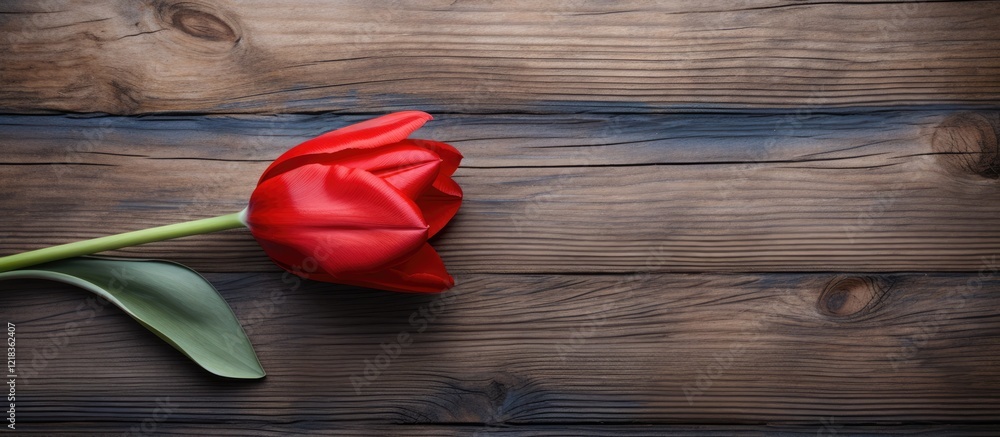 Aufkleber single vibrant red tulip positioned left on weathered wooden planks with ample right space for text 