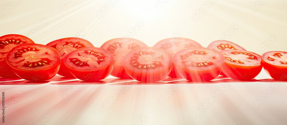 Poster Slices of red ripe tomatoes lined symmetrically on a bright background with soft glowing light highlighting the freshness and texture of the fruit