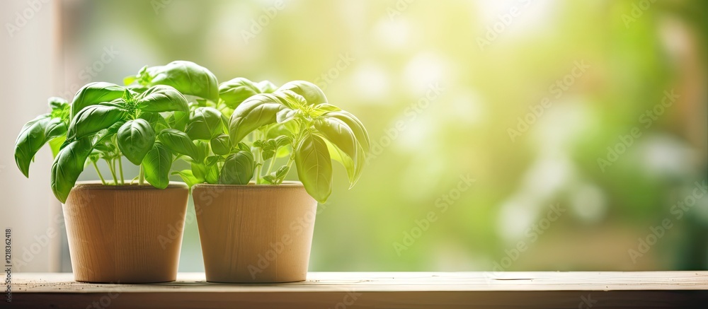 Aufkleber fresh green basil plants in terracotta pots on a wooden windowsill with soft sunlight illuminating t