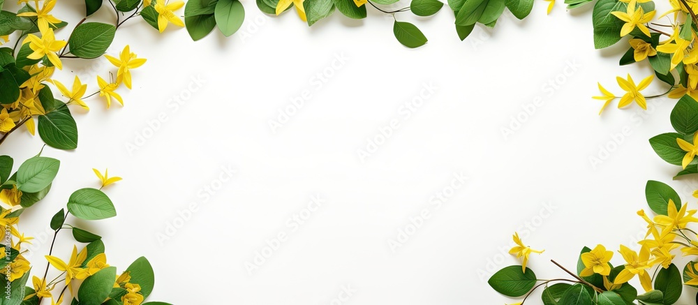Poster yellow flowers and green leaves forming a natural border on a light background creating a vibrant an