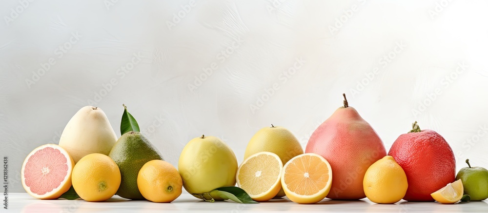 Poster vibrant assortment of pomelo fruits in yellow and green hues arranged on a white marble table with s