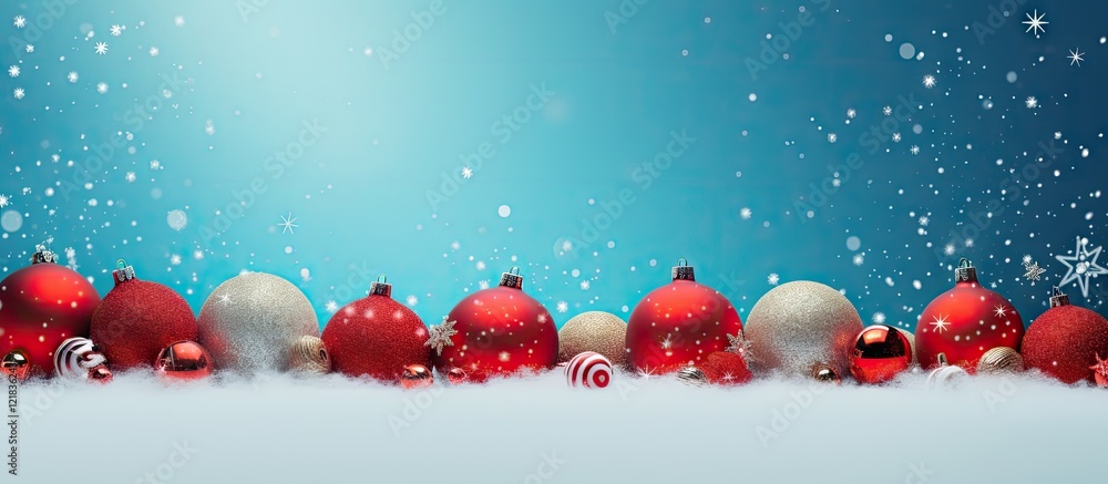Aufkleber festive christmas banner featuring red and gold ornaments against a soft blue background with snowfl