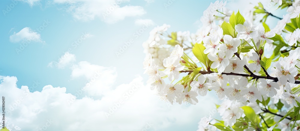 Poster springtime branch of white cherry blossoms against a bright blue sky with fluffy clouds in the backg