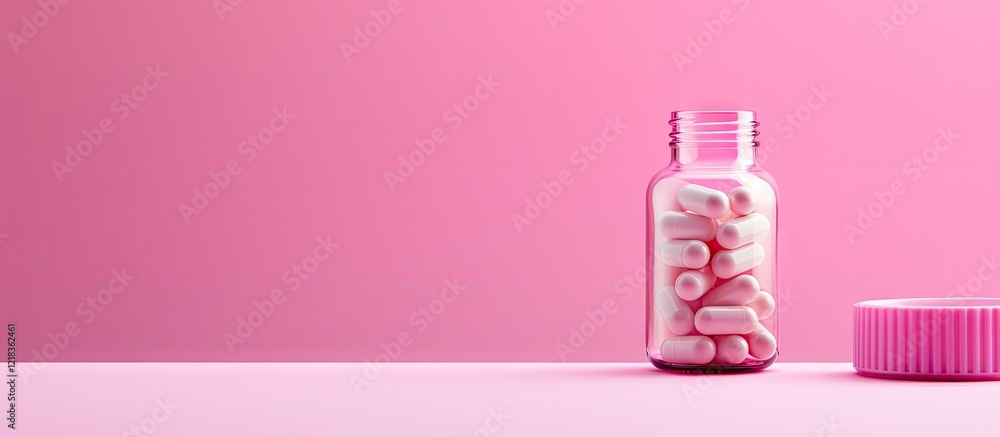 Wall mural pill bottle with pink capsules on a soft pink background with ample copy space for text composition 