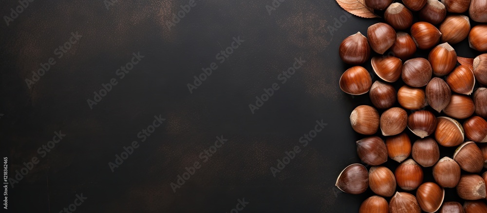 Poster hazelnuts scattered on a dark textured stone background with ample copy space on the left side highl
