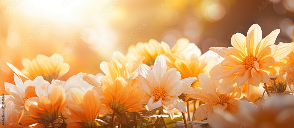 Poster Vibrant orange and white flowers illuminated by warm sunlight in the foreground with a soft bokeh background ideal for copy space display