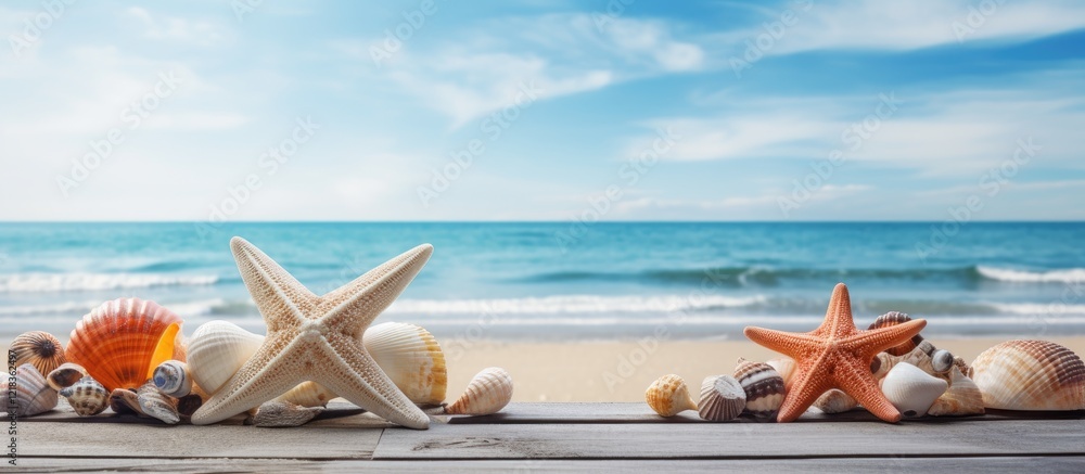 Poster summer getaway scene featuring starfish and seashells on a rustic wooden pier with sandy beach and c