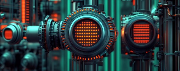 A futuristic close-up of interconnected mechanical components with vibrant red and green lighting, showcasing intricate designs and technology.