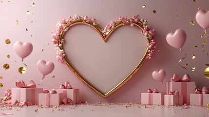 Pink heart with gifts, balloons, and confetti on pink background for celebration.