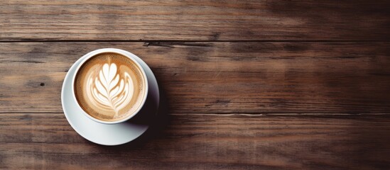 Aesthetic latte art in a round white cup on a wooden table background with warm brown tones showcasing heart leaf design in the coffee top.