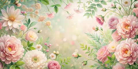 Soft pink floral wallpaper with pastel-colored flowers and greenery in a whimsical garden setting, flower, whimsy,  flower, whimsy