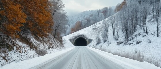 A road that leads beneath a snow-covered hill to a tunnel