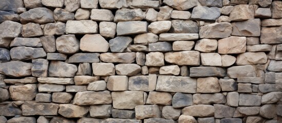 Fototapeta premium Textured stone wall background featuring a variety of beige and gray stones arranged in a rugged pattern with ample copy space.