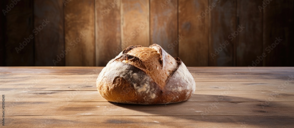 Poster freshly baked round bread resting on a weathered wooden floor with warm brown tones and ample negati
