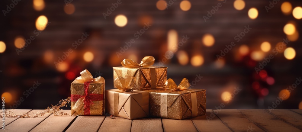 Aufkleber Festive Christmas setup with golden wrapped presents on wooden board with warm bokeh lights in background creating inviting atmosphere