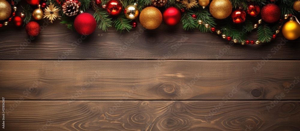 Poster festive christmas arrangement with red gold and green balls on dark wooden background captured from 