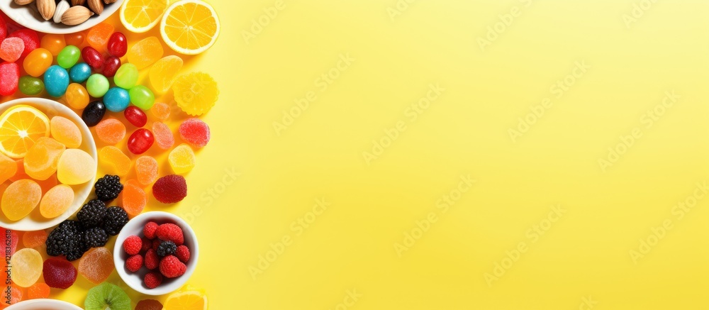 Poster colorful assortment of candies and fruits in white bowls on the left with a soft yellow background c
