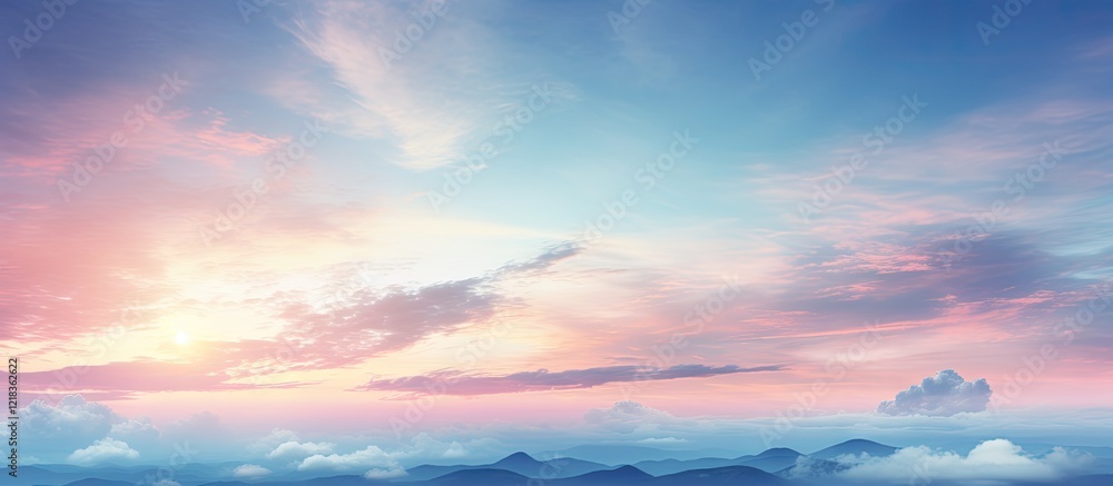 Leinwandbilder twilight sky with soft pink and blue hues above distant mountains and clouds, ample negative space f