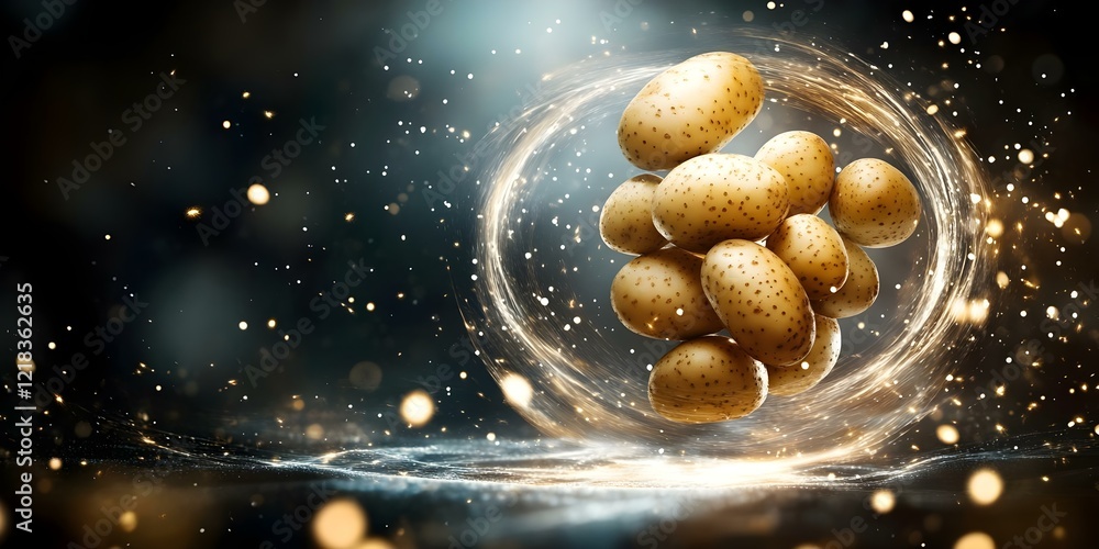 Poster a cluster of potatoes floating in a mystical, swirling light with a sparkling background. concept my