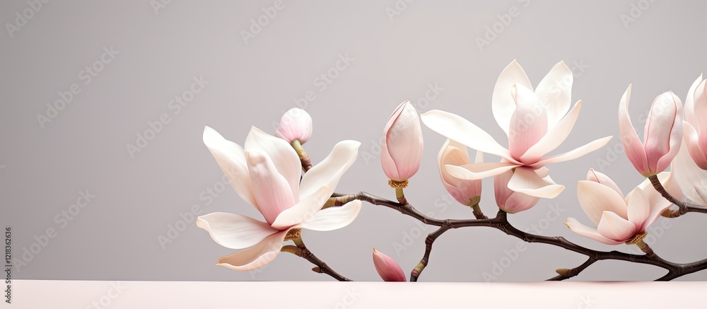 Poster delicate close-up of pink and white magnolia flowers on a minimalist light gray background with ampl