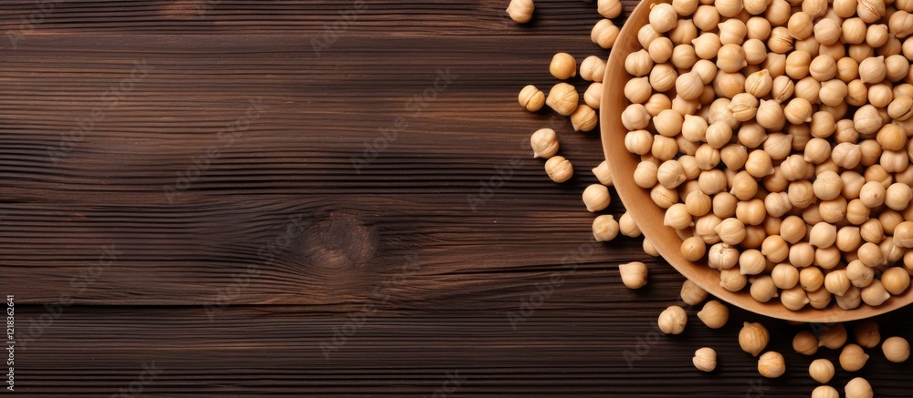 Aufkleber raw chickpeas in a wooden bowl on a dark wood background with empty space for text on the left side.
