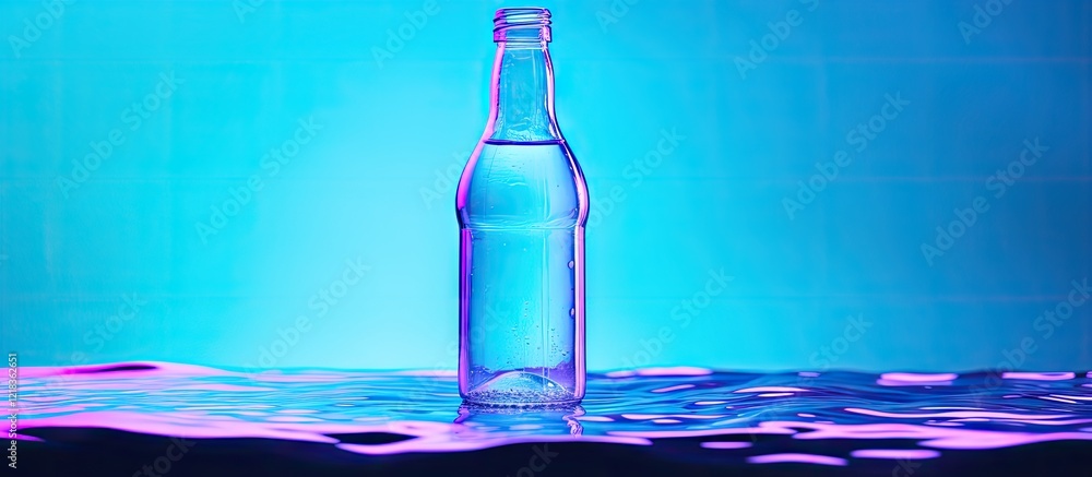 Aufkleber bottle of water in center on fluid surface against vibrant blue and purple neon background with ampl