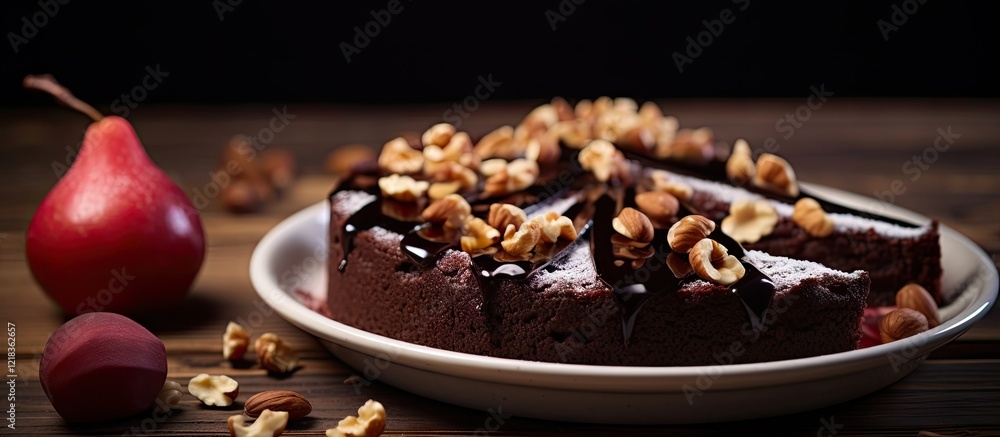 Poster Rich chocolate cake topped with stewed pears walnuts and hazelnuts on a rustic wooden surface with a red pear and nuts in a dark setting