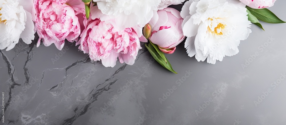 Aufkleber Top down view of pink and white peony flowers arranged on a gray stone background with empty space for text or design showcased prominently.