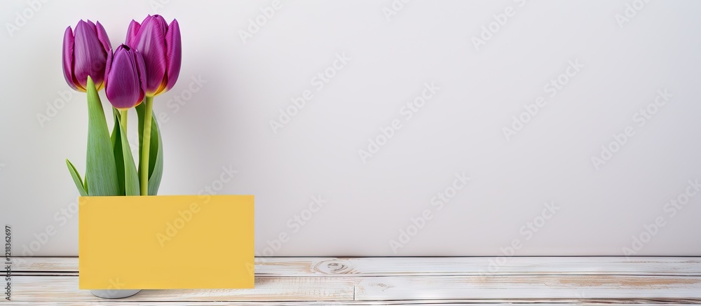 Poster purple tulips in a green vase positioned left with a yellow card on a rustic wooden table against a 