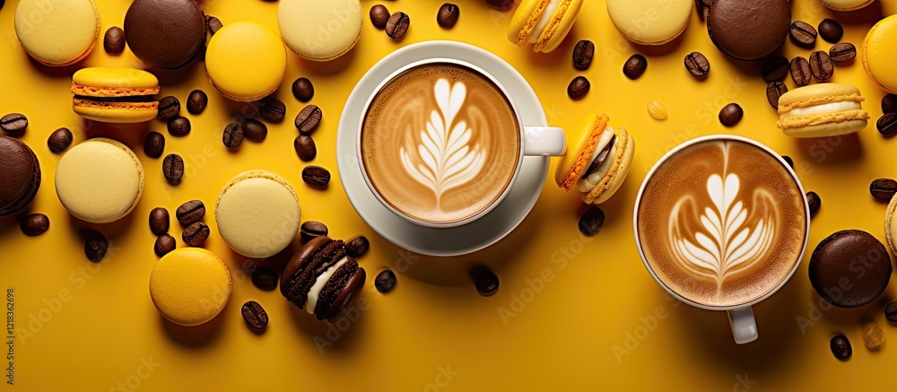 Poster Coffee cups with latte art and colorful macarons on a vibrant yellow background with coffee beans scattered around, creating a warm and inviting scene.