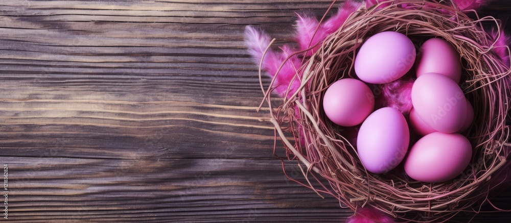 Aufkleber pink easter eggs nestled in a natural brown nest, surrounded by soft pink feathers, on a rustic wood