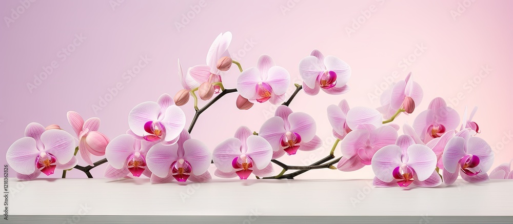 Poster elegant arrangement of pink orchid flowers cascading on a soft creamy background with ample negative