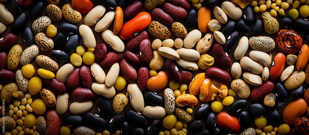 Poster Colorful assortment of dried beans displayed on a dark background with rich textures and visible details of various shapes and sizes in a flat lay arrangement.