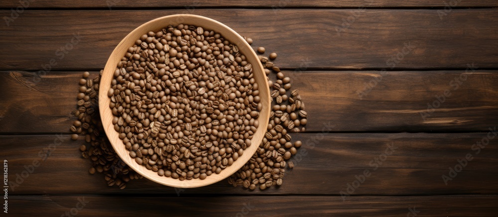 Poster top down view of a bamboo plate filled with coffee seeds on a wooden table with dark brown tones and
