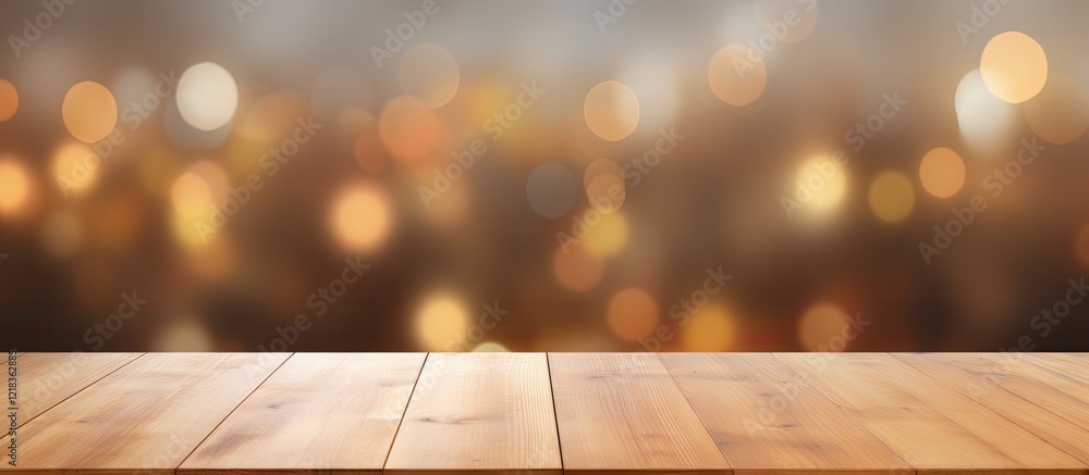 Poster wooden tabletop in the foreground with a blurred golden bokeh background and ample copy space for te