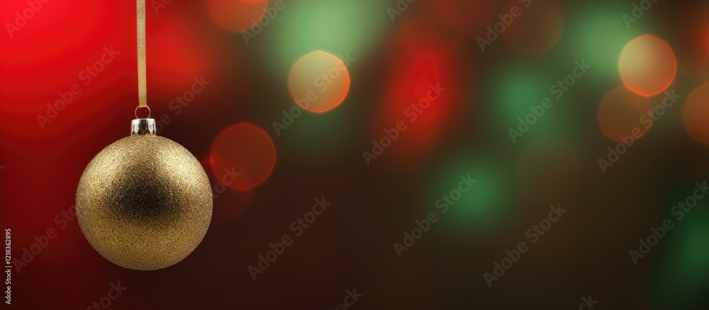 Aufkleber golden christmas ornament hanging from a vibrant evergreen branch against a blurred red and green bo