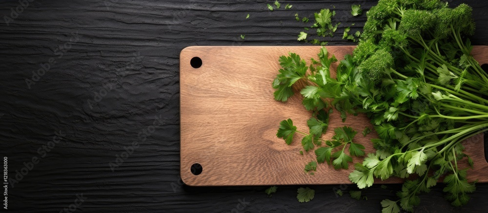 Poster curly parsley on a wooden cutting board against a black tabletop providing a dark contrast ideal for