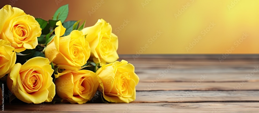 Leinwandbilder stunning arrangement of bright yellow roses on a rustic wooden table with a soft blurred background 
